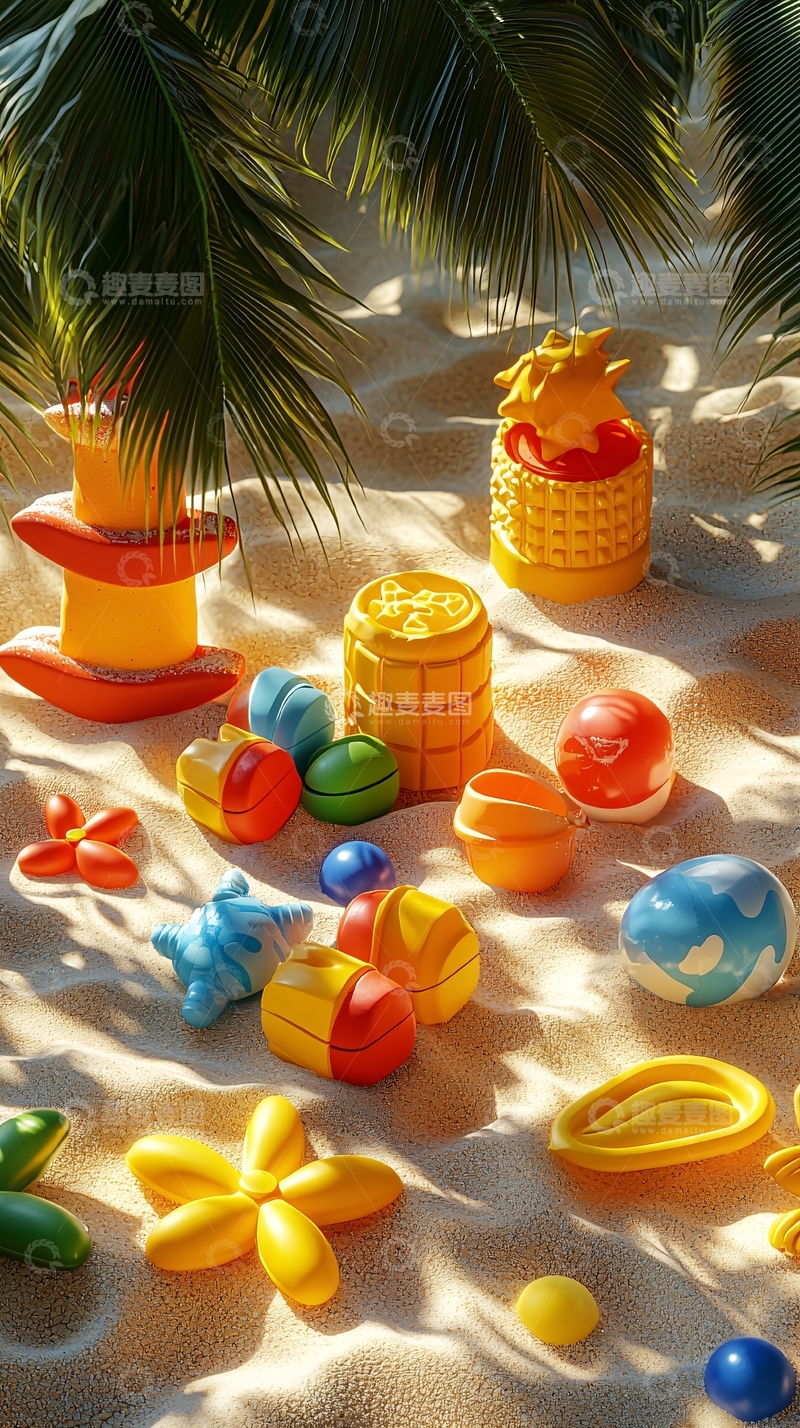 高清大图下载【趣麦麦图】沙滩上的彩色玩具