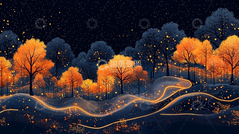 高清大图下载【趣麦麦图】暗夜金黄树林小路