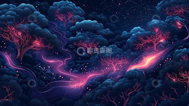 高清大图下载【趣麦麦图】夜空下的发光树林