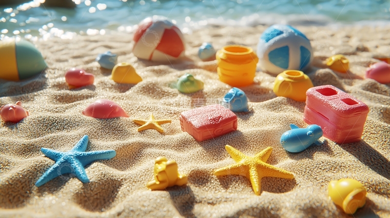 沙滩上的彩色玩具