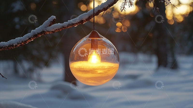 高清大图下载【趣麦麦图】雪地树枝上的圆球灯
