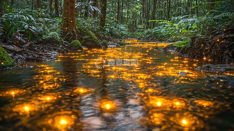 高清大图下载【趣麦麦图】森林小溪漂浮烛光