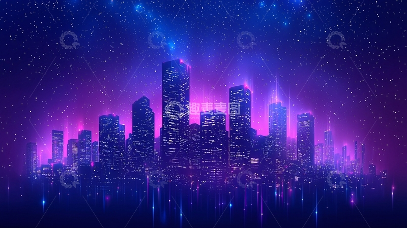 高清大图下载【趣麦麦图】梦幻紫蓝霓虹城市夜景