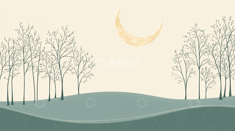 高清大图下载【趣麦麦图】极简意境树林月牙风景图
