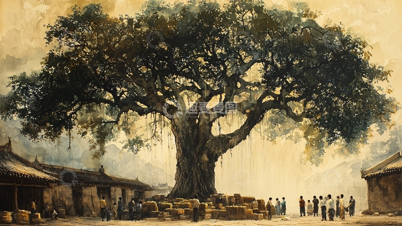 高清大图下载【趣麦麦图】古树村庄水彩画