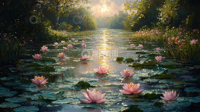 高清大图下载【趣麦麦图】清晨河道荷花盛开