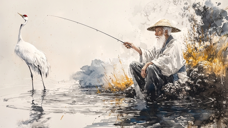 高清大图下载【趣麦麦图】老翁垂钓白鹤图