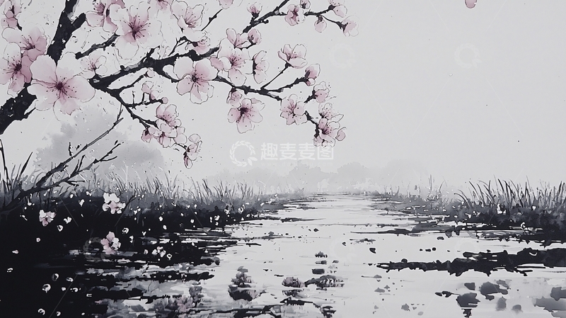 高清大图下载【趣麦麦图】樱花树下水面倒影的景色