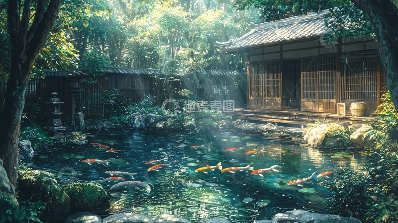 高清大图下载【趣麦麦图】阳光下的日式庭院