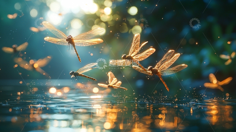 高清大图下载【趣麦麦图】梦幻蜻蜓飞舞水面