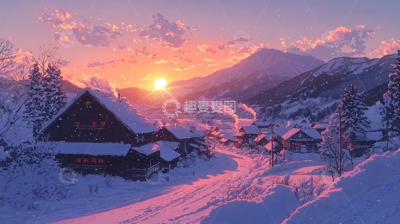 高清大图下载【趣麦麦图】雪景村庄日落