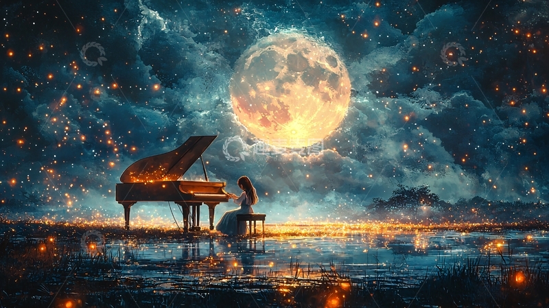 高清大图下载【趣麦麦图】月光下弹钢琴的女孩