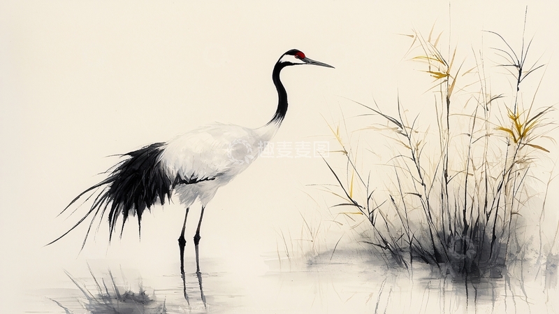 高清大图下载【趣麦麦图】丹顶鹤水墨画