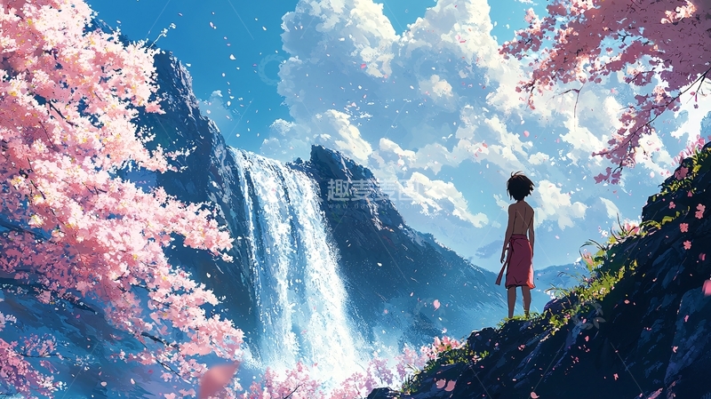 高清大图下载【趣麦麦图】唯美樱花瀑布动漫风景