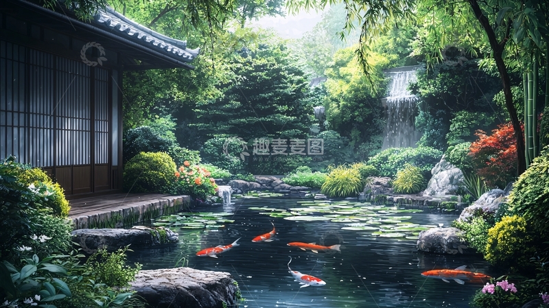 高清大图下载【趣麦麦图】雨后日式庭院