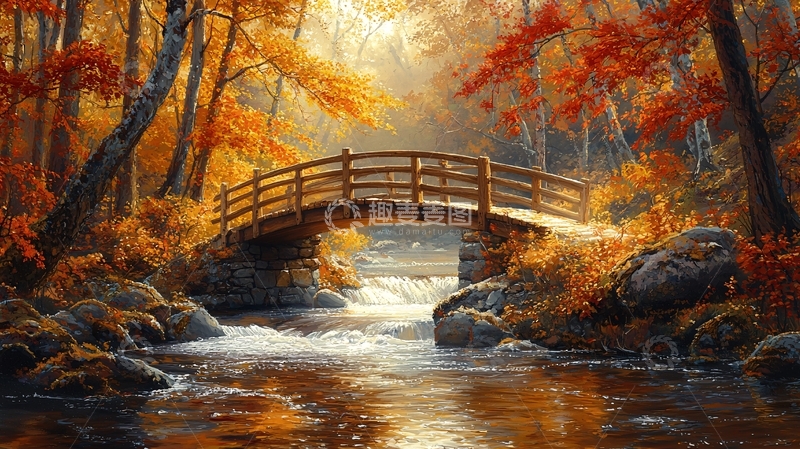 高清大图下载【趣麦麦图】秋日森林小桥流水