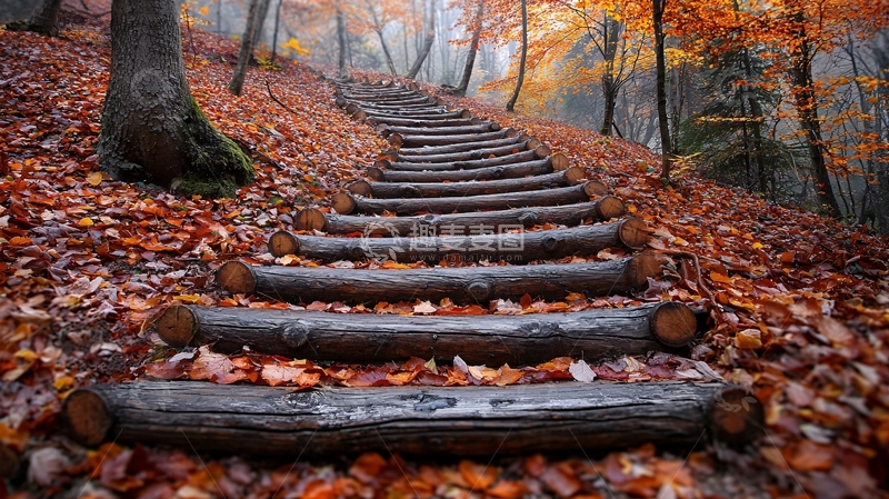 高清大图下载【趣麦麦图】秋日森林木头台阶