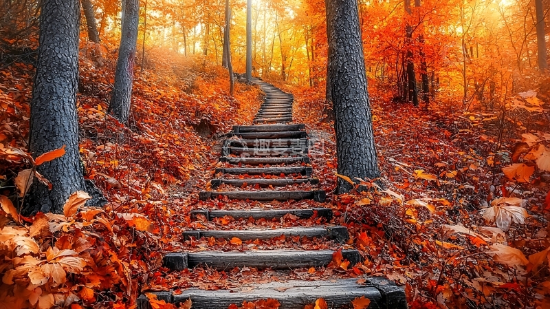 高清大图下载【趣麦麦图】秋天的森林木质台阶