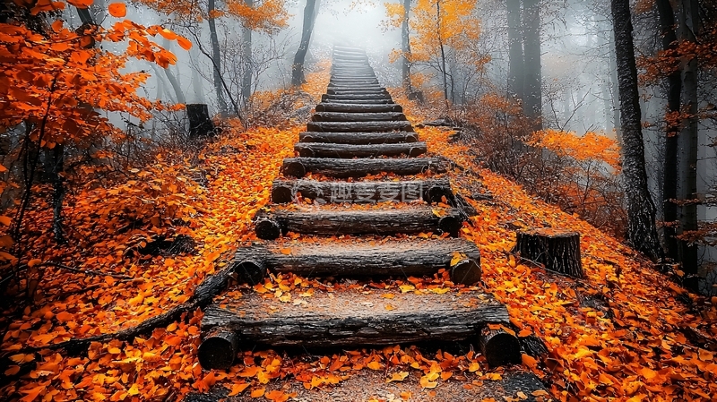 高清大图下载【趣麦麦图】秋季森林木质台阶