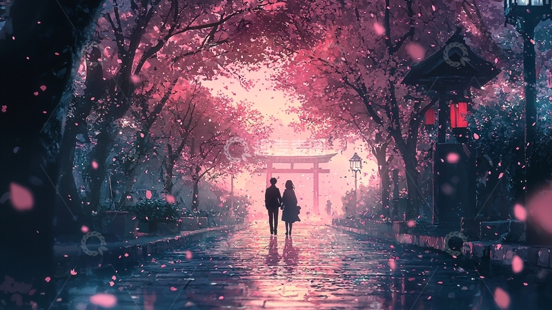 高清大图下载【趣麦麦图】樱花树下牵手的情侣