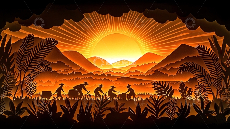 高清大图下载【趣麦麦图】日出剪纸画