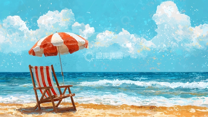 高清大图下载【趣麦麦图】海边躺椅红白条纹遮阳伞