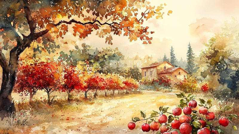 高清大图下载【趣麦麦图】秋日田园水彩画