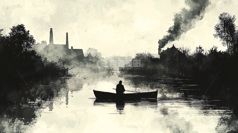 高清大图下载【趣麦麦图】浓雾中独木舟上的男人