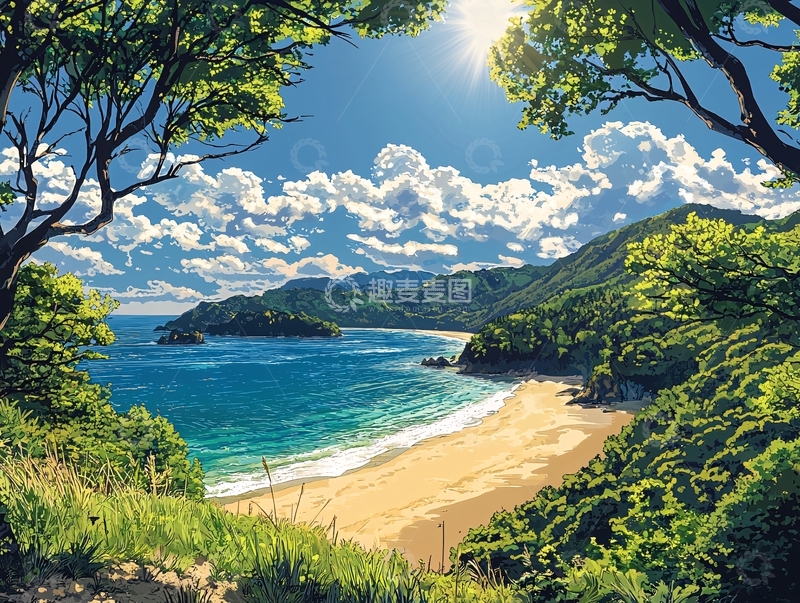 高清大图下载【趣麦麦图】树荫下碧海蓝天沙滩