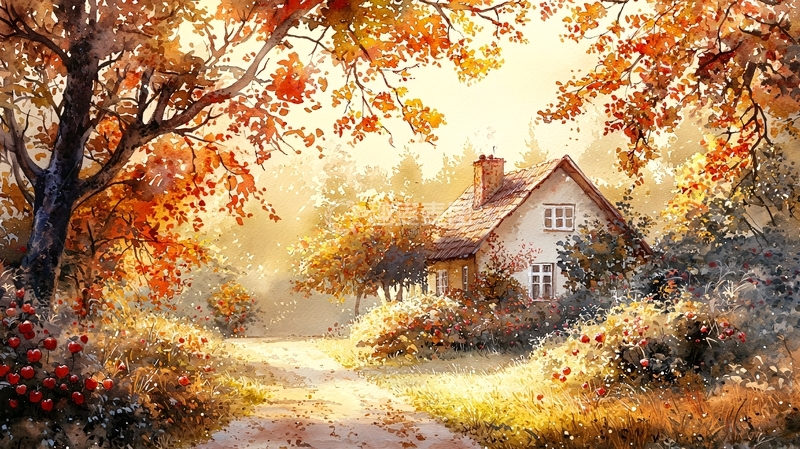 高清大图下载【趣麦麦图】秋日暖阳下的乡村小屋