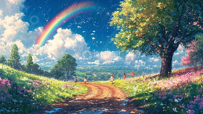高清大图下载【趣麦麦图】彩虹雨后田园风光