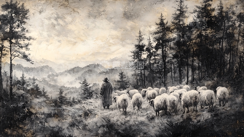 高清大图下载【趣麦麦图】牧羊人与羊群的黑白风景画