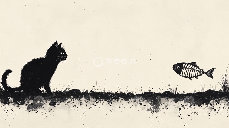 高清大图下载【趣麦麦图】黑猫凝视鱼