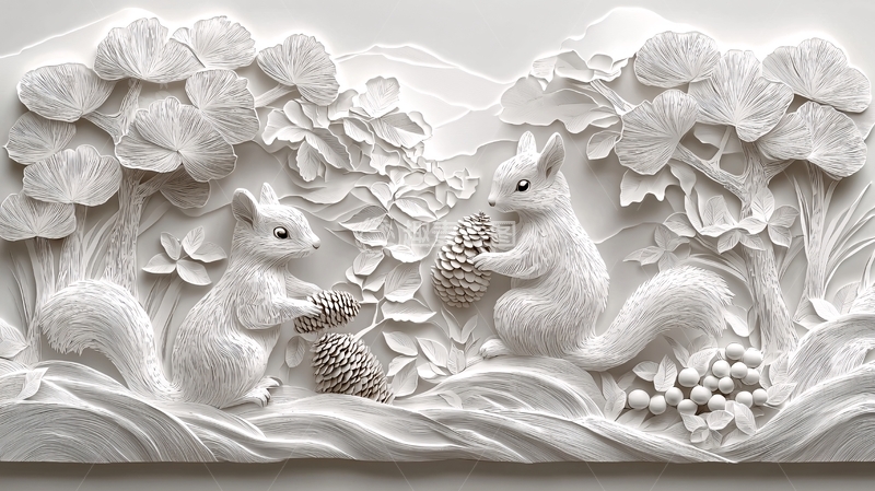 高清大图下载【趣麦麦图】浮雕松鼠在树林中觅食