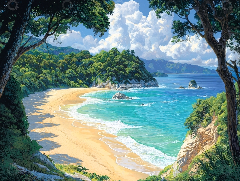 高清大图下载【趣麦麦图】树荫下宁静的海滩