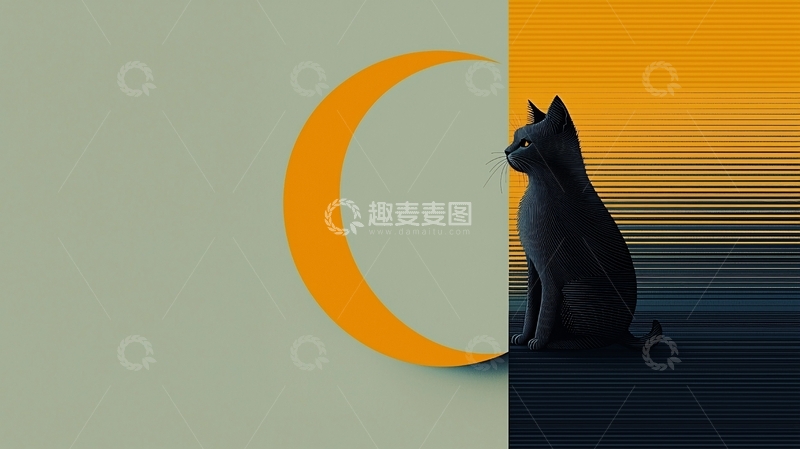 高清大图下载【趣麦麦图】黑猫与新月