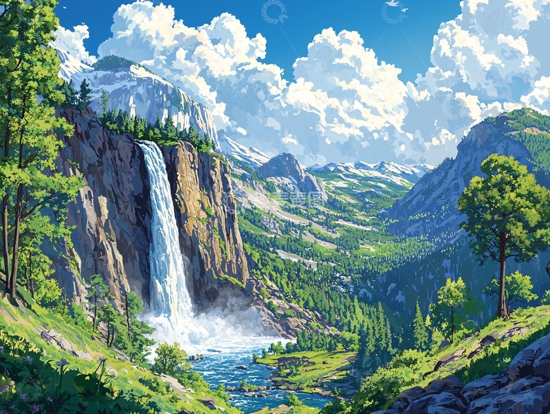 高清大图下载【趣麦麦图】山崖瀑布风景画