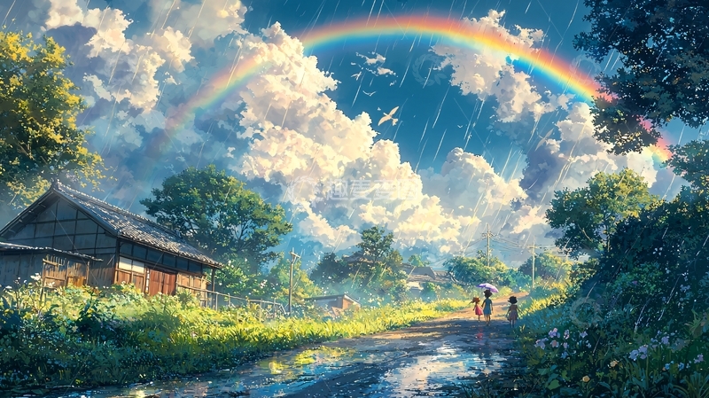 高清大图下载【趣麦麦图】雨后彩虹乡村风景
