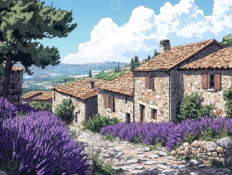 高清大图下载【趣麦麦图】薰衣草田间的石头村庄