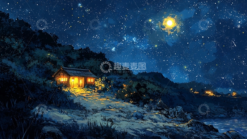 高清大图下载【趣麦麦图】星空下的木屋