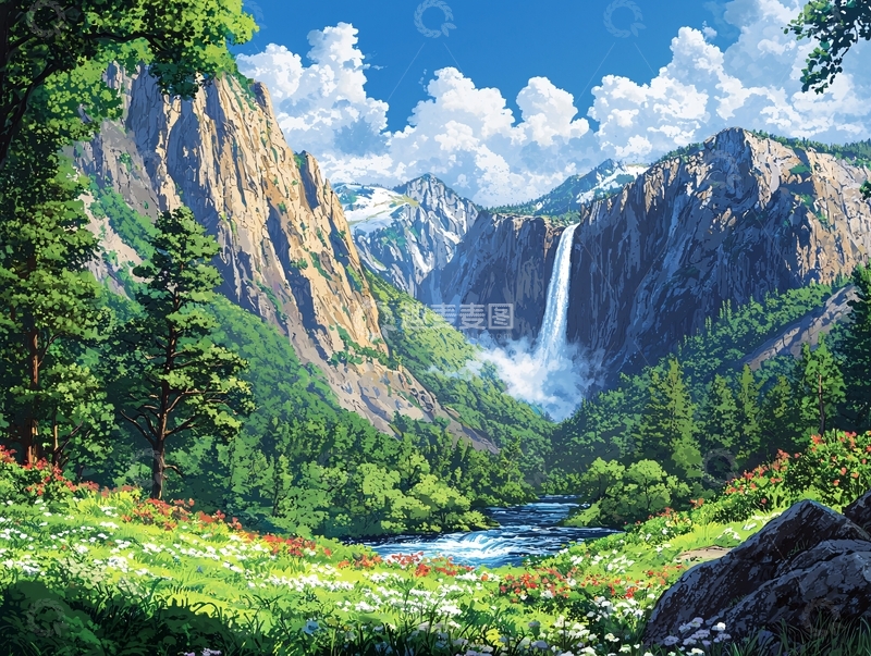 高清大图下载【趣麦麦图】山谷瀑布风景画