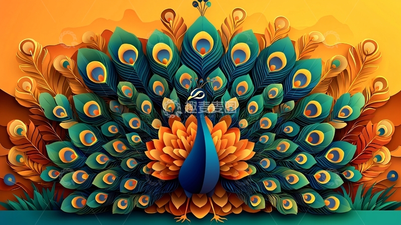 高清大图下载【趣麦麦图】孔雀开屏剪纸风格
