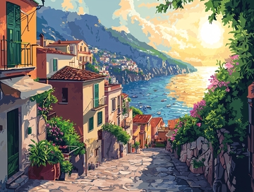 地中海沿岸小镇风景画