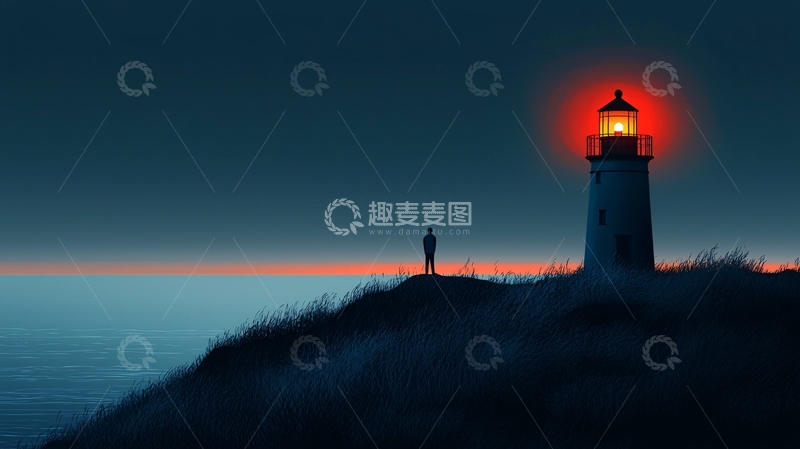 高清大图下载【趣麦麦图】孤寂海边灯塔夜景