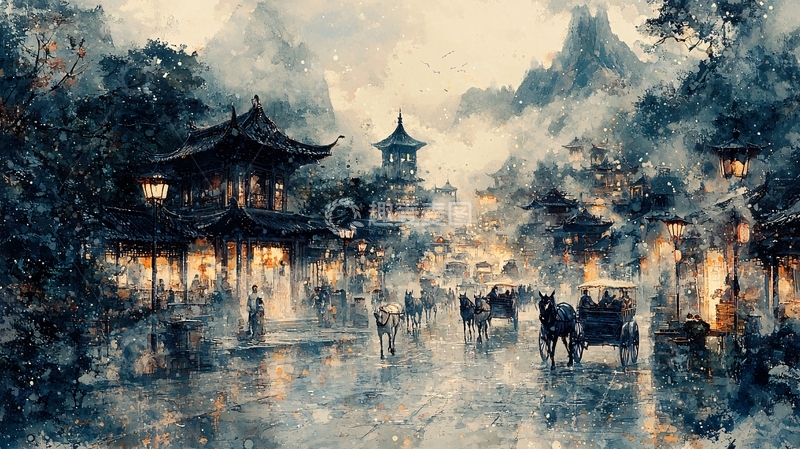 高清大图下载【趣麦麦图】水墨画古镇