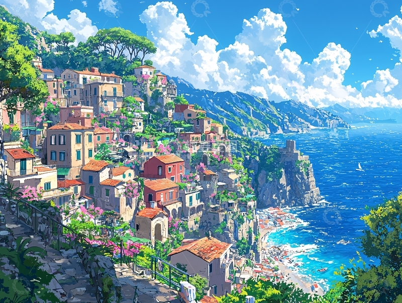高清大图下载【趣麦麦图】阳光明媚的意大利海边小镇
