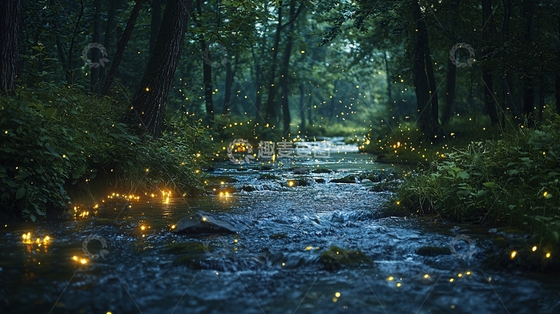 高清大图下载【趣麦麦图】萤火虫森林小溪