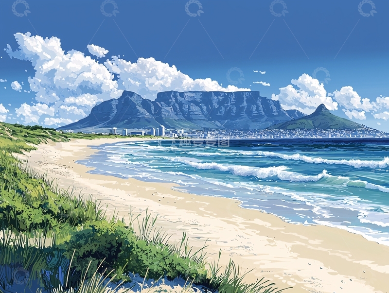 高清大图下载【趣麦麦图】桌山海滩风景画