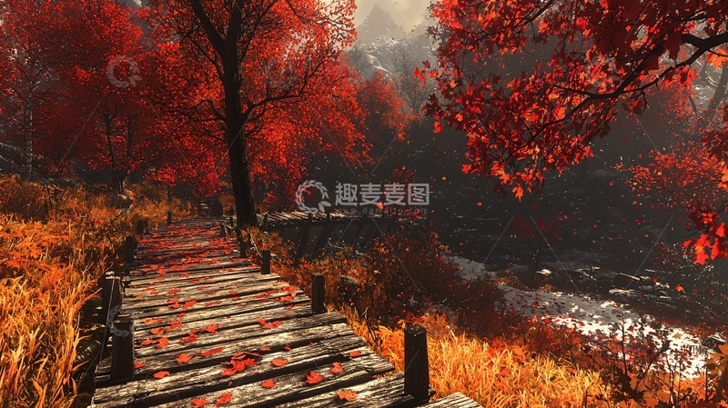 高清大图下载【趣麦麦图】秋日红叶木栈道