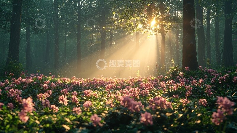 高清大图下载【趣麦麦图】森林清晨阳光花海